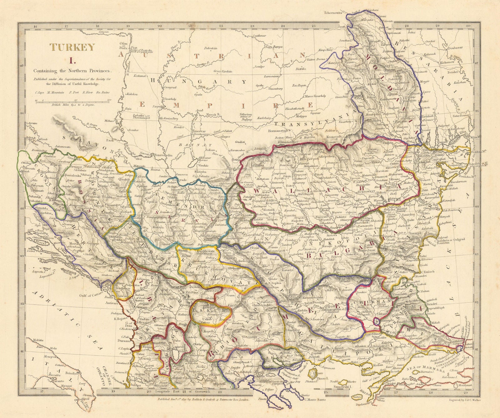 BALKANS. Northern Ottoman provinces. Wallachia Bulgaria Albania. SDUK 1844 map